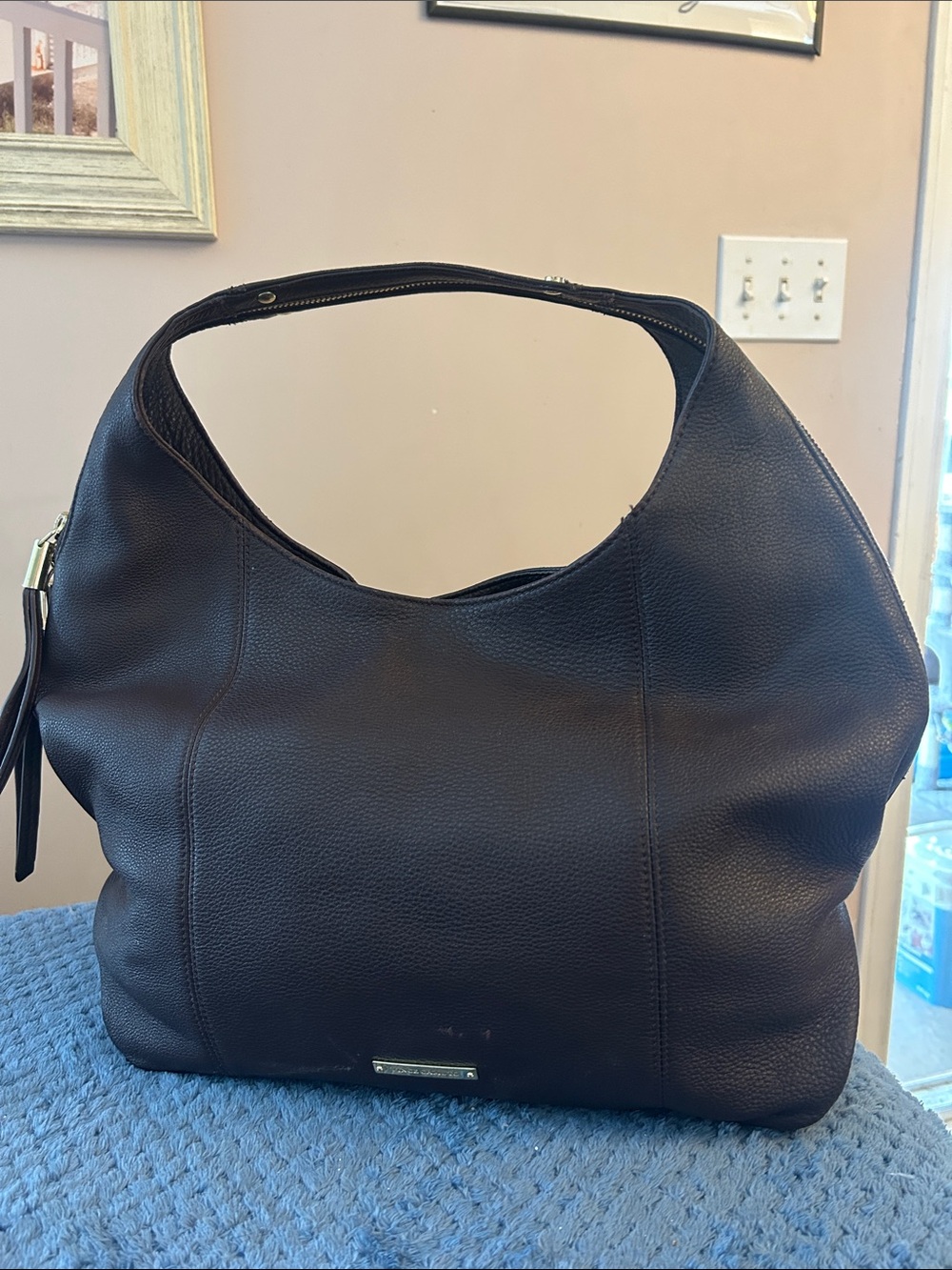 Vince Camuto Dark Brown Pebbled Leather Shoulder Tote